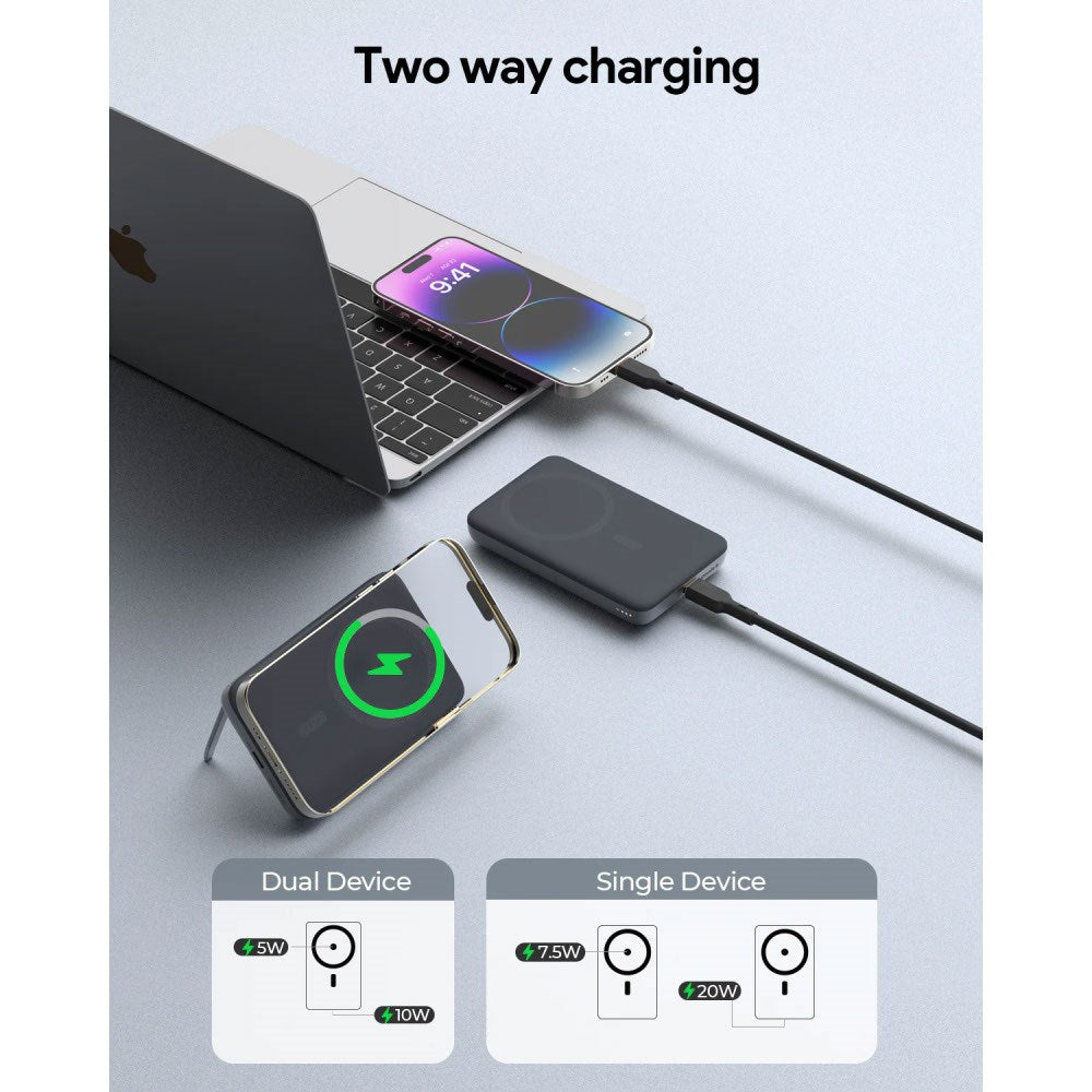 Aukey MagFusion Powerbank - 6.700mAh - Trådløs Opladning - Ståfunktion - MagSafe / Qi2 Kompatibel - Sort