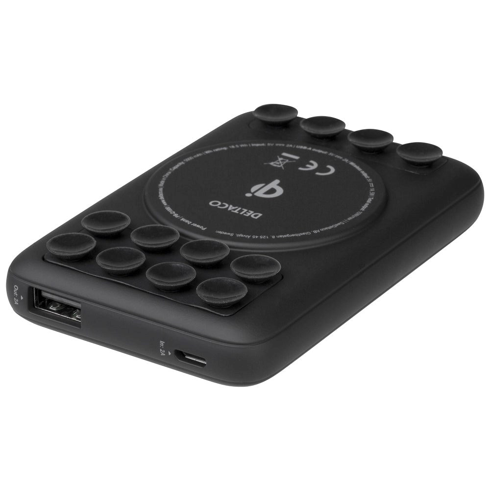 DELTACO 10W PowerBank m. Sugekopper 5000 mAh - 1 x USB-A / 1 x Qi trådløs lader - Svart