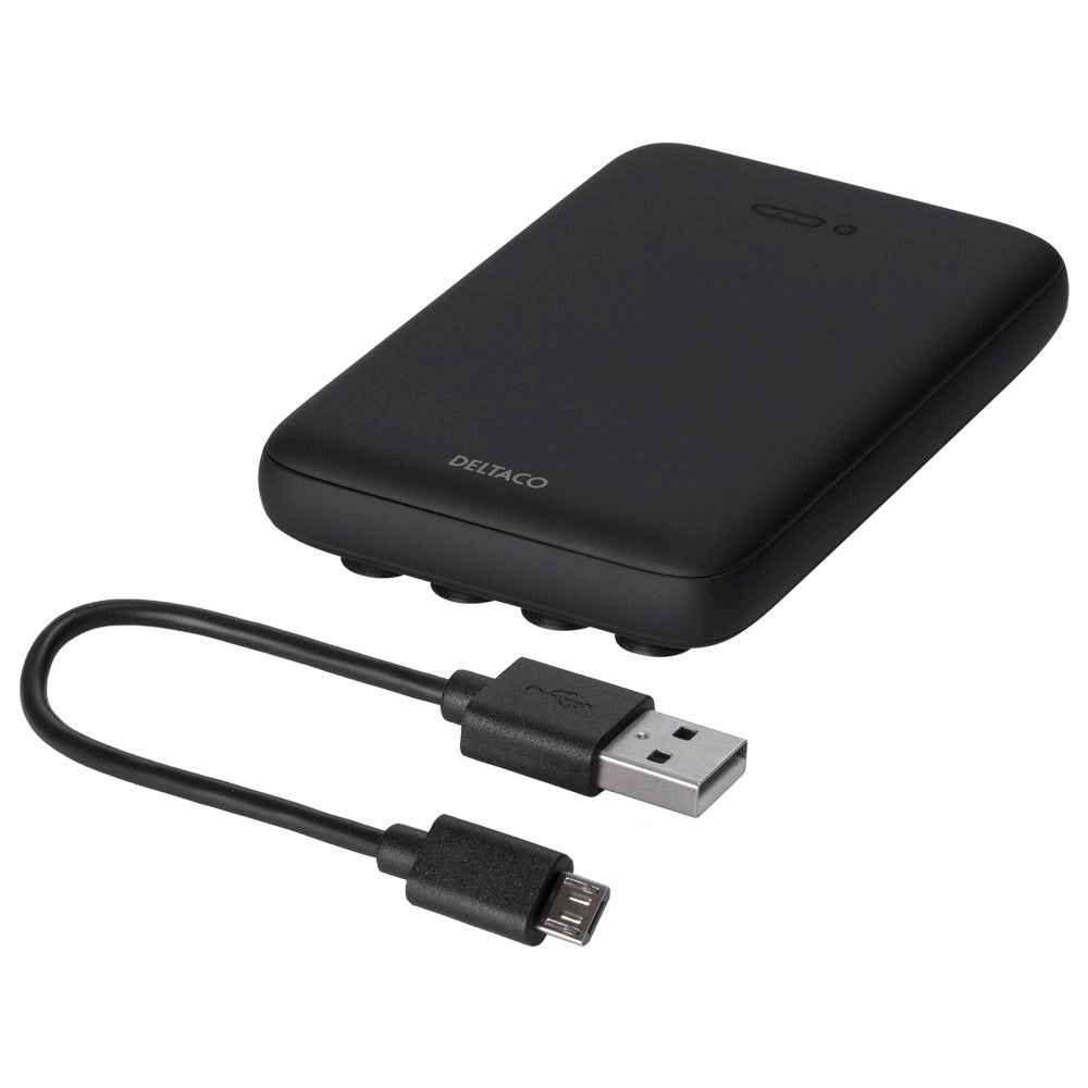 DELTACO 10W PowerBank m. Sugekopper 5000 mAh - 1 x USB-A / 1 x Qi trådløs lader - Svart