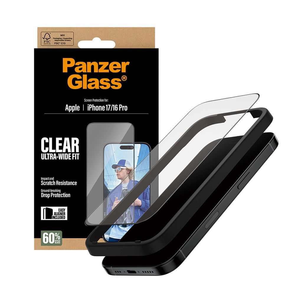 PanzerGlass iPhone 17 / 16 Pro Hærdet Beskyttelsesglas inkl. EasyAligner - Ultra Wide Fit - Gennemsigtig