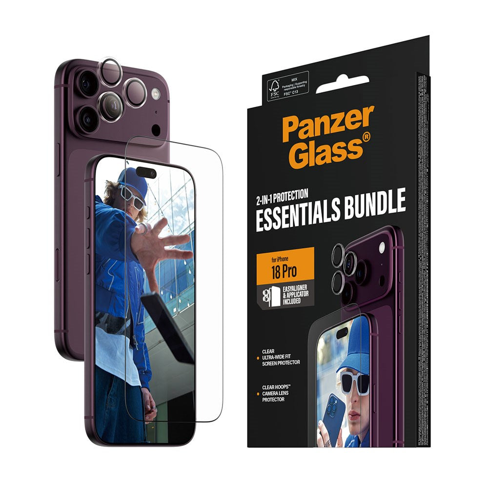 iPhone 18 Pro Max PanzerGlass Essentials 2-in-1 Bundle m. 1 x EasyAligner 1 x Skærmbeskyttelse (UWF) 1 x Hoops Kameralinsebeskyttelse - Gennemsigtig