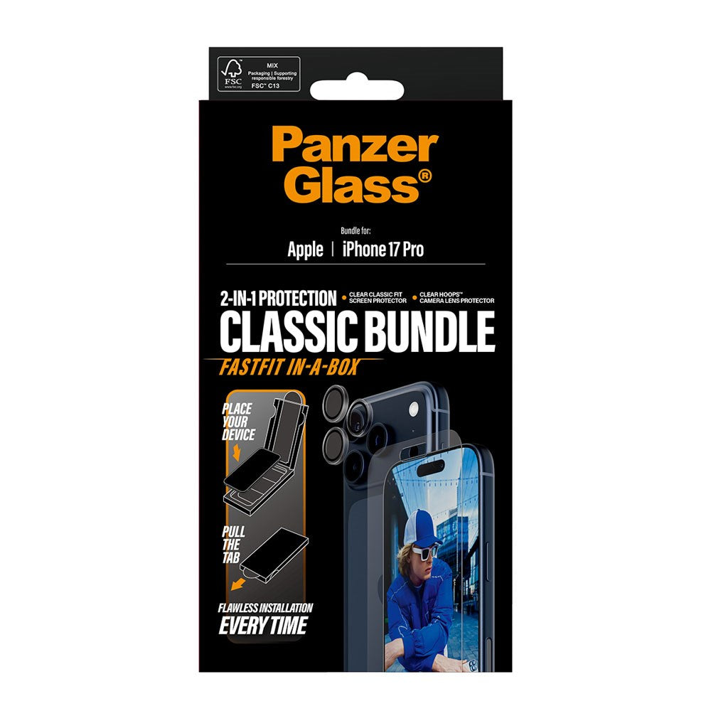 iPhone 17 Pro PanzerGlass 2-in-1 Classic Bundle m. Classic Fit Skærmbeskyttelse & Hoops Kameralinsebeskyttelse - Gennemsigtig