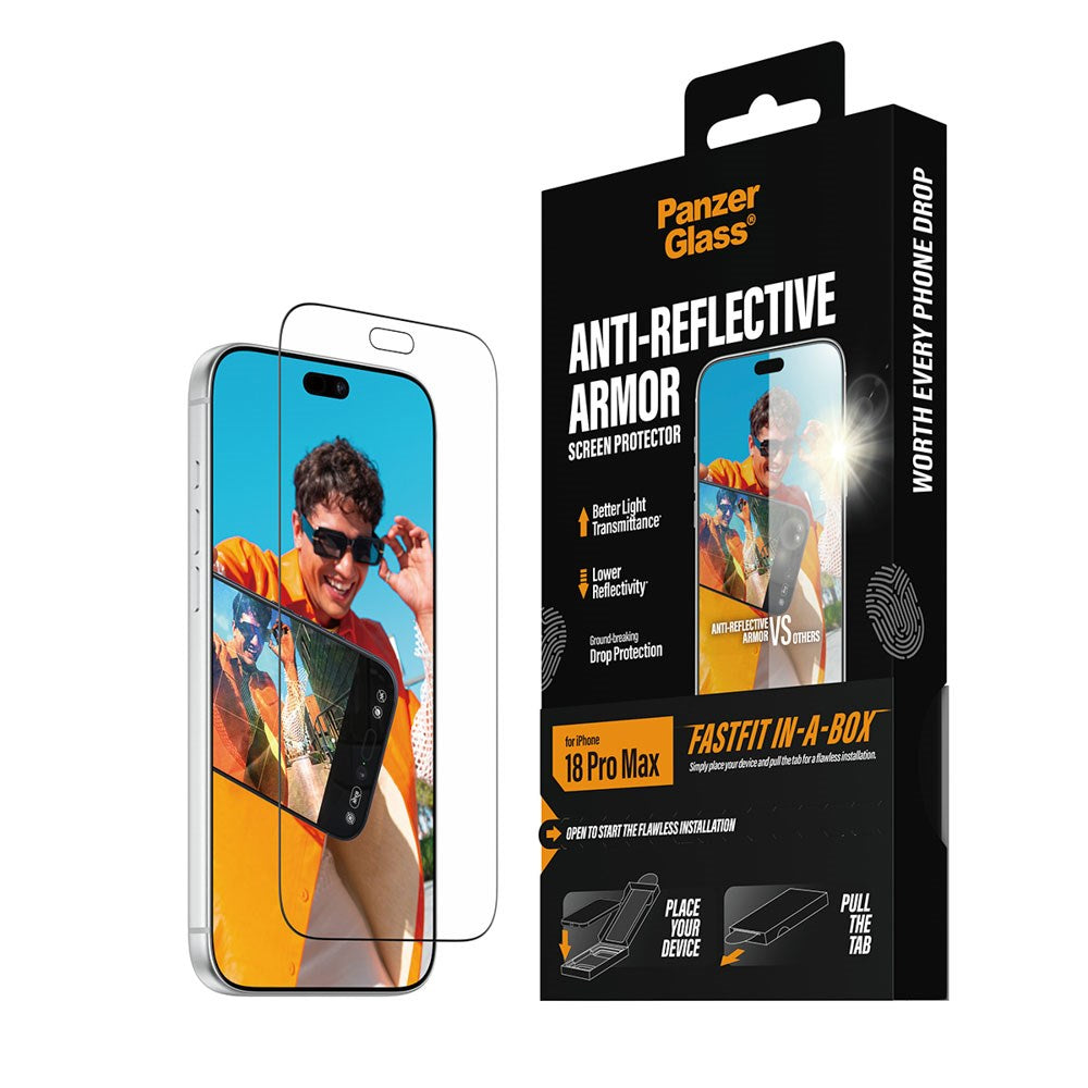 iPhone 18 Pro Max PanzerGlass Hærdet Beskyttelsesglas m. FastFit In-A-Box - Anti-Reflekterende - Gennemsigtig