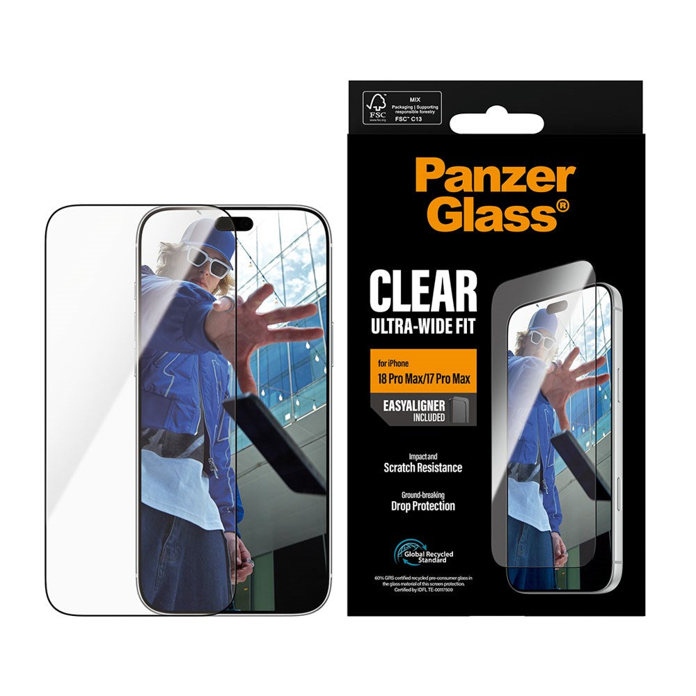 iPhone 18 Pro Max  / 17 Pro Max PanzerGlass Hærdet Beskyttelsesglas - Ultra Wide Fit m. EasyAligner - Gennemsigtig