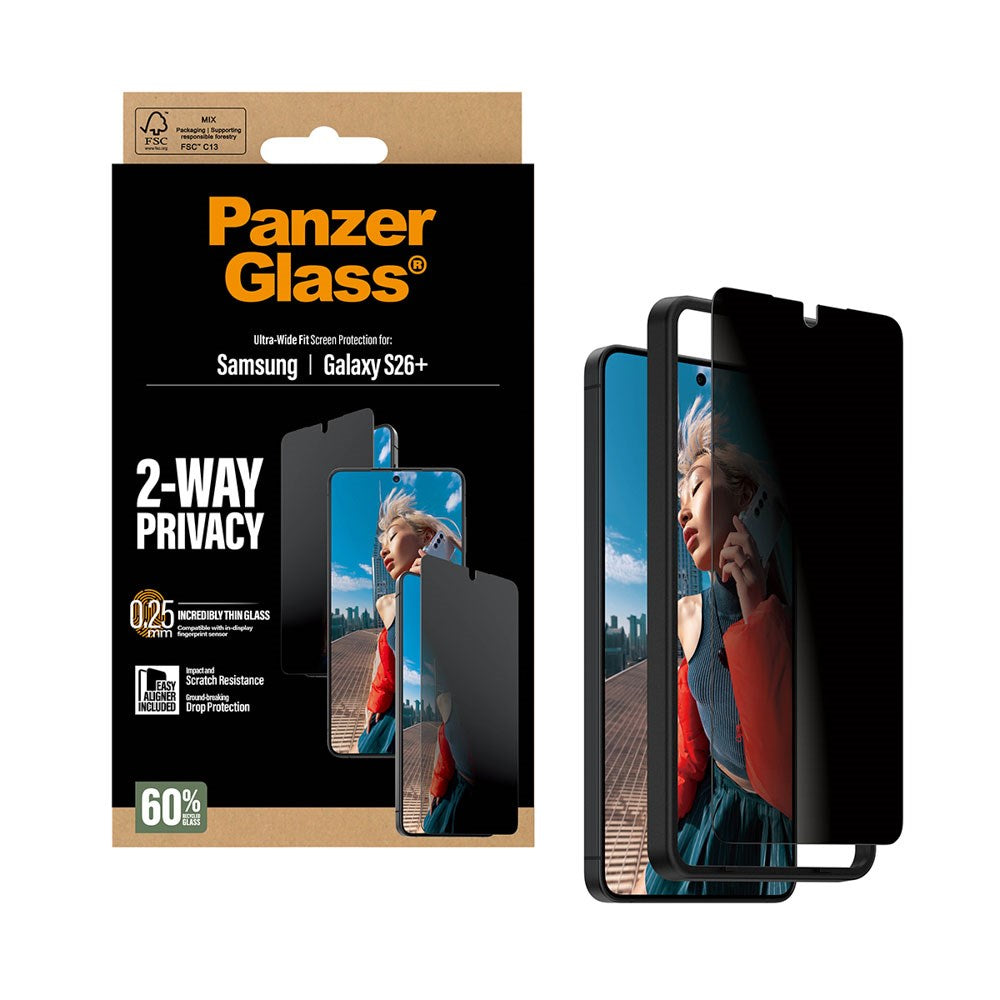 Samsung Galaxy S26+ (Plus) PanzerGlass 2-Way Privacy Skærmbeskyttelsesglas - inkl. EasyAligner - Gennemsigtig