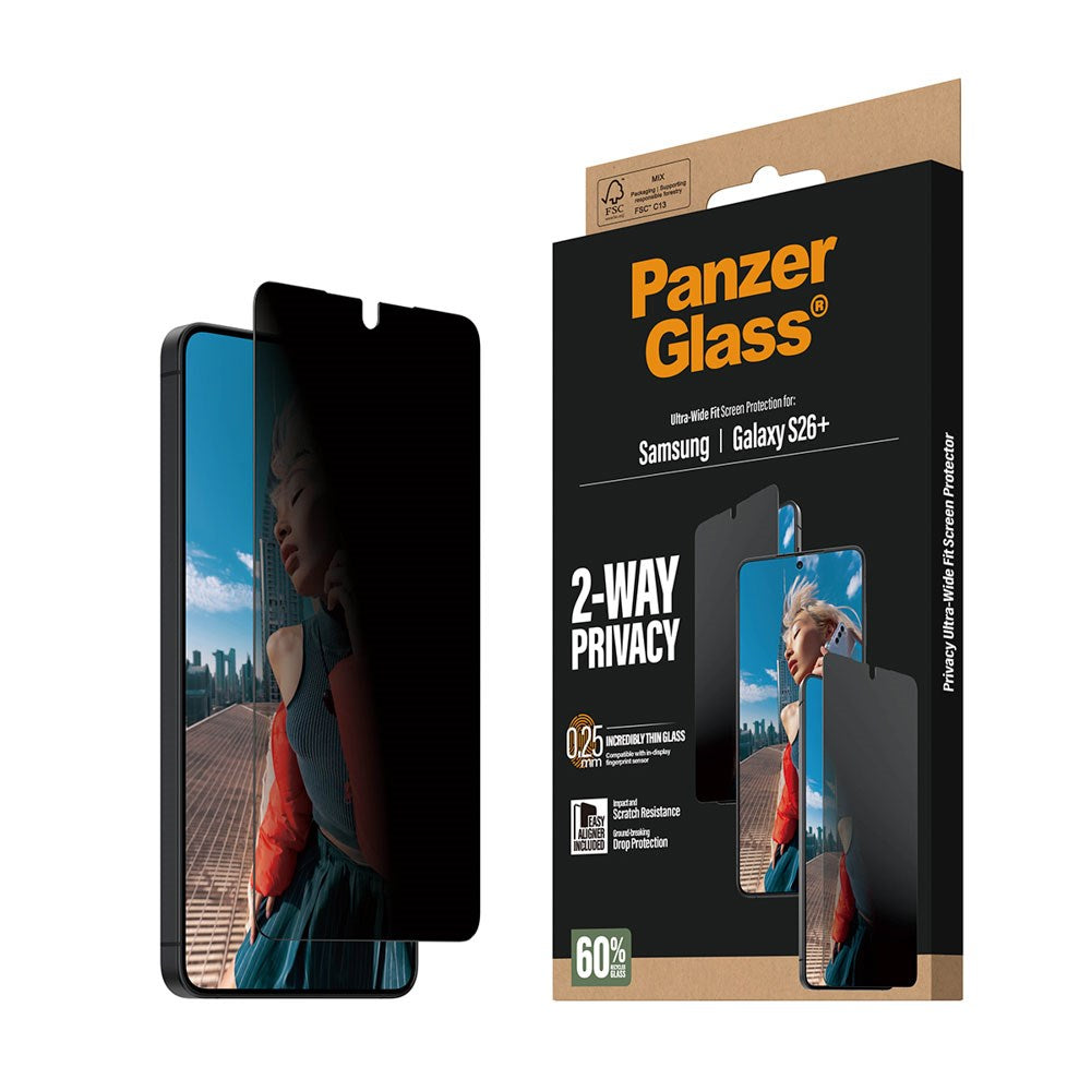 Samsung Galaxy S26+ (Plus) PanzerGlass 2-Way Privacy Skærmbeskyttelsesglas - inkl. EasyAligner - Gennemsigtig
