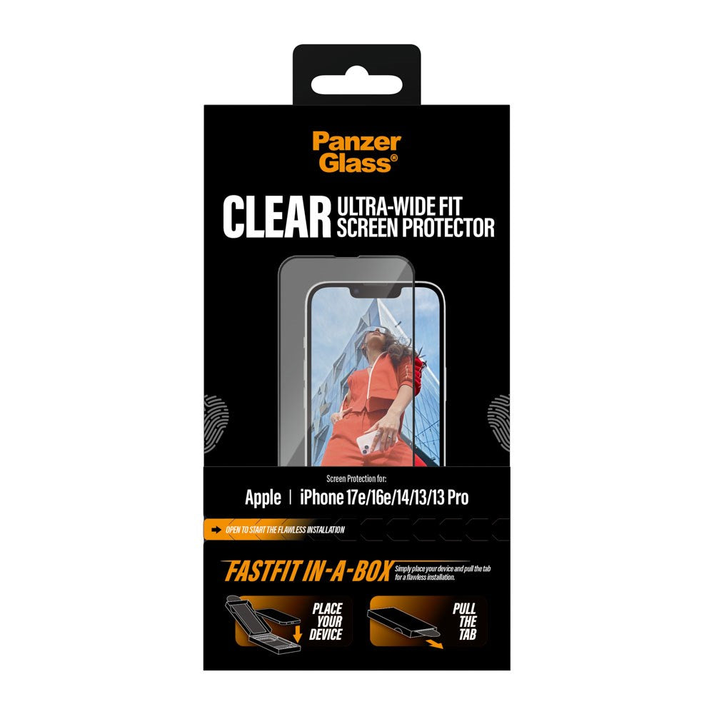 iPhone 17e / 16e / 14 / 13 / 13 Pro PanzerGlass Hærdet Beskyttelsesglas inkl. FastFit In-A-Box - Ultra Wide Fit - Gennemsigtig