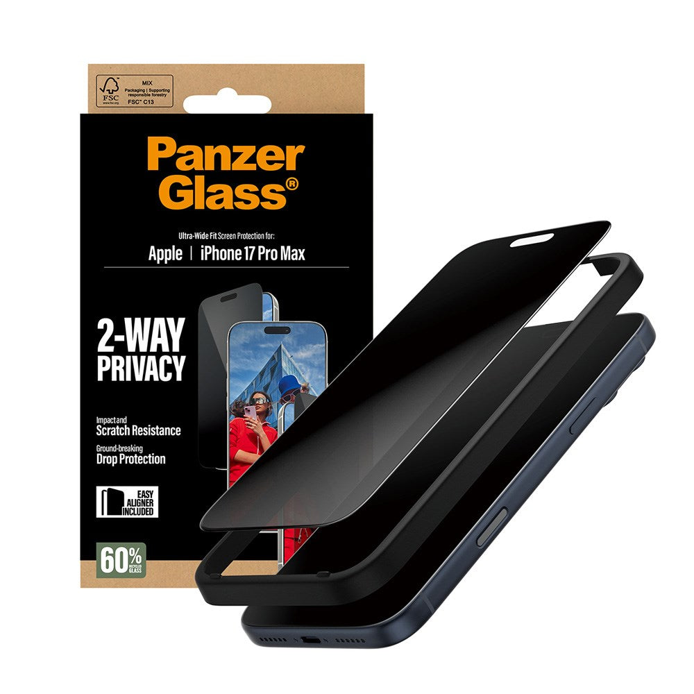 iPhone 17 Pro Max PanzerGlass 2-Way Privacy Skærmbeskyttelsesglas - Ultra-Wide Fit - Gennemsigtig