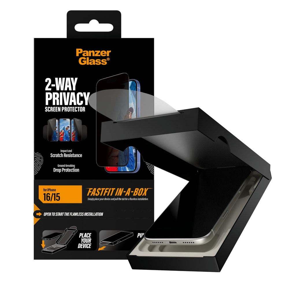 iPhone 16 / 15 PanzerGlass 2-Way Privacy Skærmbeskyttelsesglas - inkl. FastFit In-A-Box - Gennemsigtig