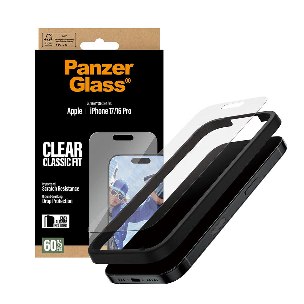 PanzerGlass iPhone 17 / 16 Pro Hærdet Beskyttelsesglas inkl. EasyAligner - Classic Fit - Gennemsigtig