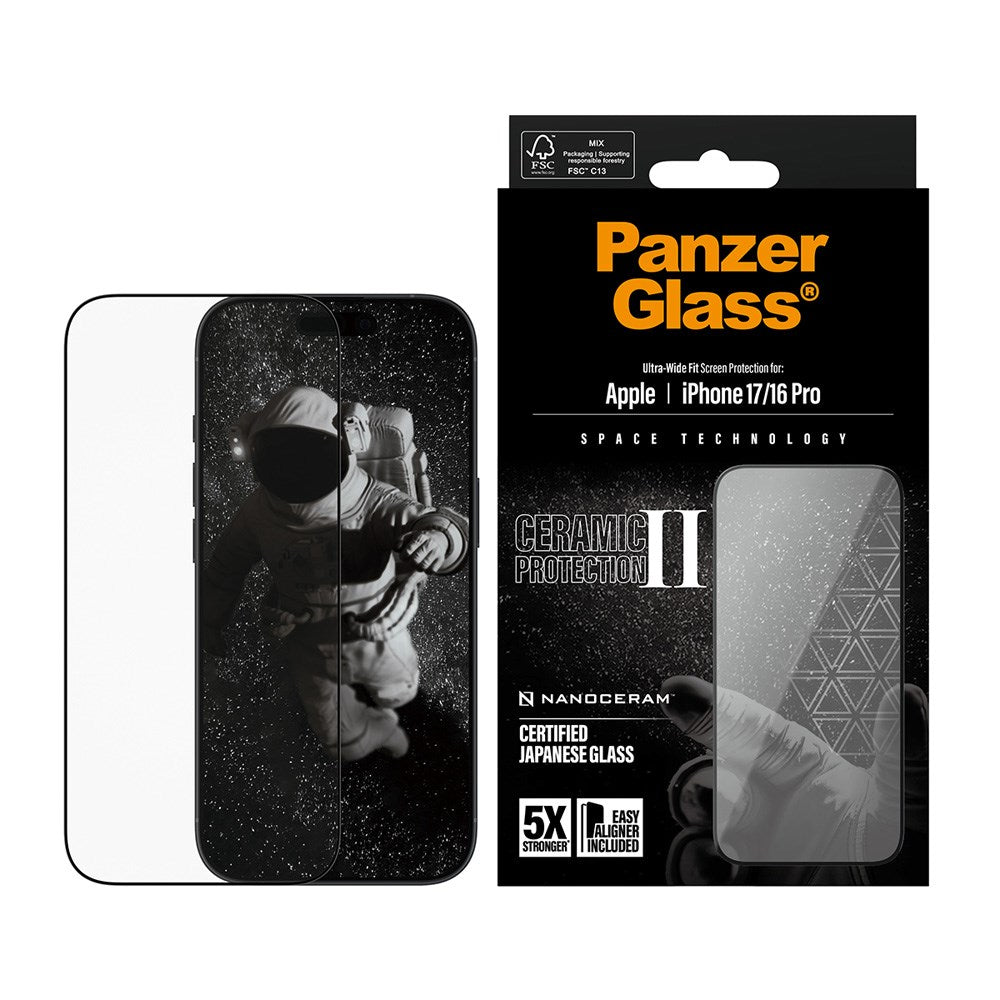 iPhone 17 / 16 Pro PanzerGlass Ceramic Skærmbeskyttelsesglas m. EasyAligner - Ultra Wide Fit - Gennemsigtig