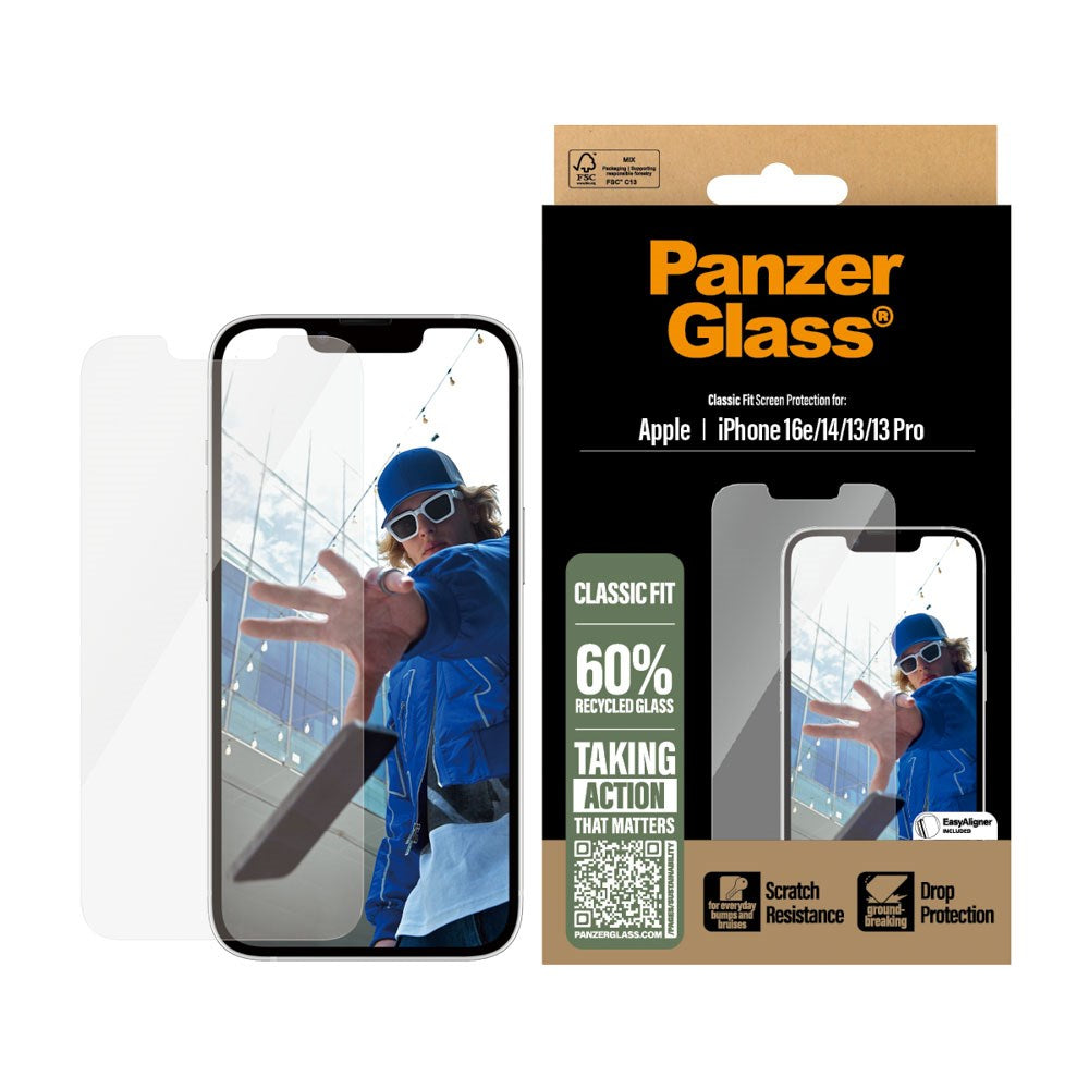 iPhone 16e / 14 / 13 / 13 Pro PanzerGlass Classic Fit Beskyttelsesglas m. EasyAligner - Gennemsigtig