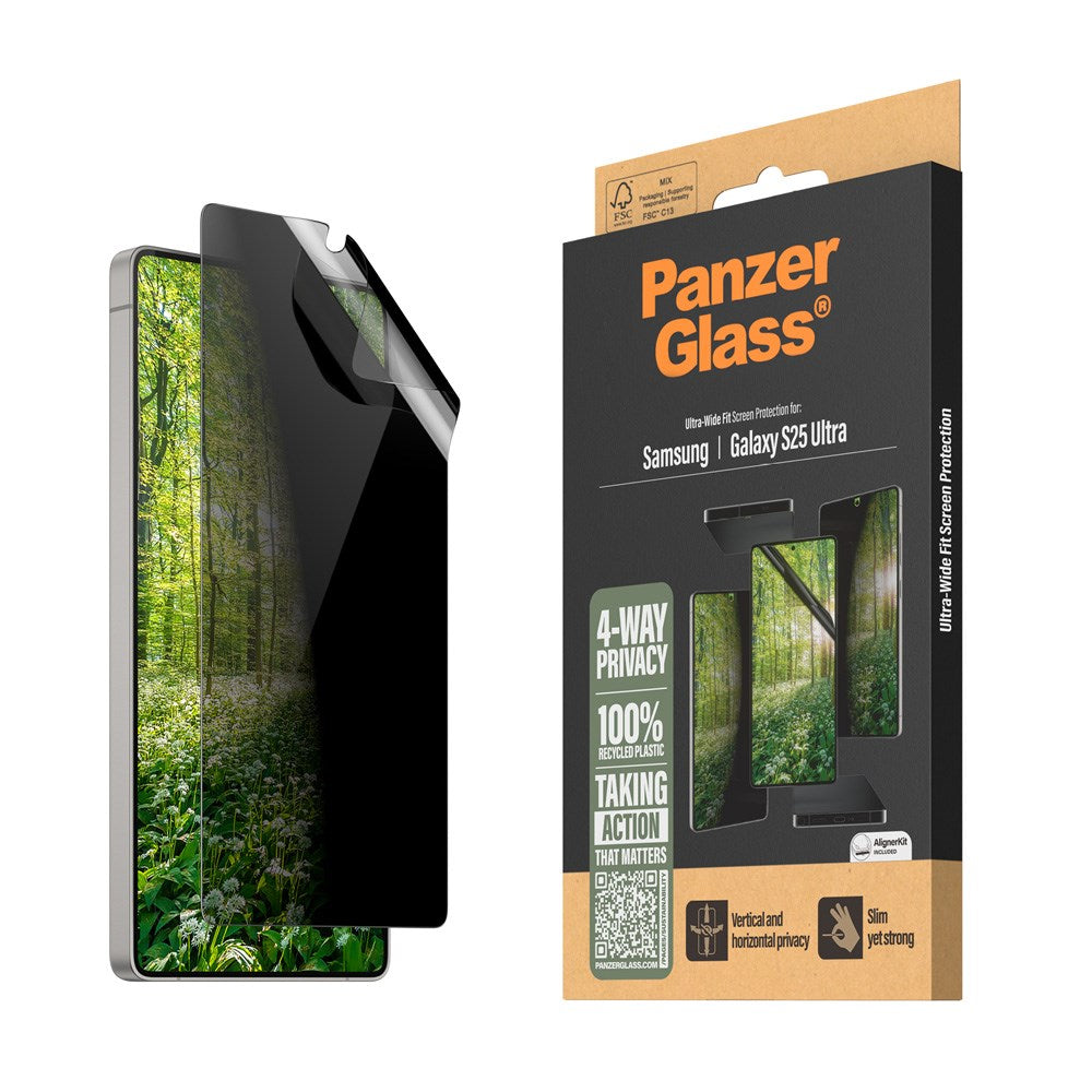 PanzerGlass Samsung Galaxy S25 Ultra Eco Matrix 4-veis Privacy skjermbeskytter Ultra Wide Fit m. Aligner Kit - Platinum Strength - Gjennomsiktig