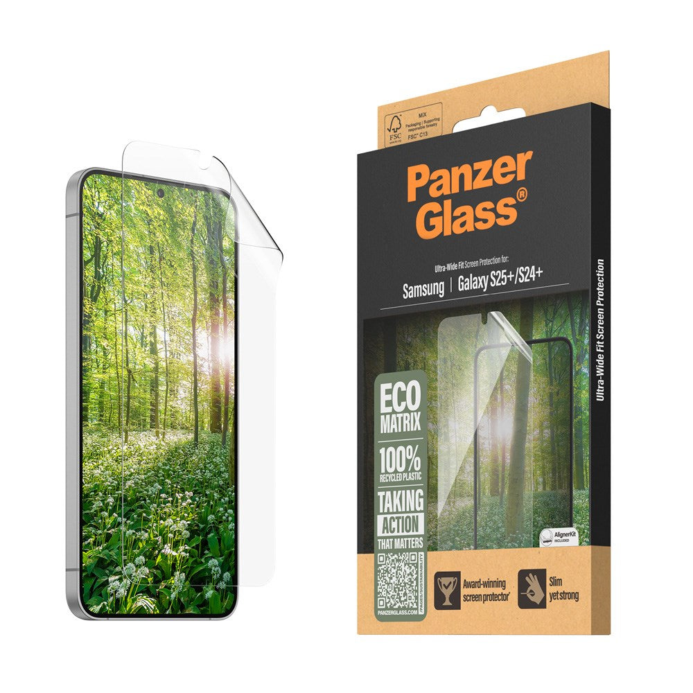 Samsung Galaxy S25+ (Plus) PanzerGlass Eco Matrix skjermbeskytter - Ultra Wide Fit - Aligner Kit - Platinum Strength - Gjennomsiktig
