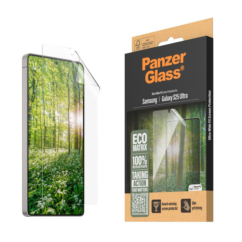 Samsung Galaxy S25 Ultra PanzerGlass Eco Matrix skjermbeskytter - Ultra Wide Fit - Aligner Kit - Platinum Strength - Gjennomsiktig