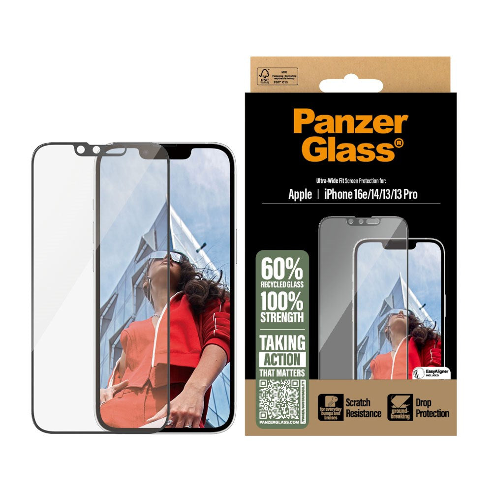 PanzerGlass® skjermbeskytter for iPhone 16e / 14 / 13 / 13 Pro - Ultra-Wide Protection - Inkl. EasyAligner - Gjennomsiktig