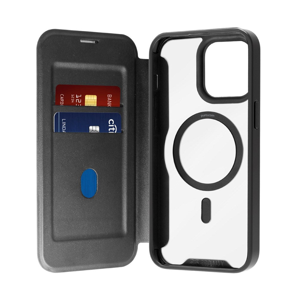 Puro Booklet Magsafe Cover for iPhone 15 Pro - Horisontal Flip + 2 kortlommer - Svart