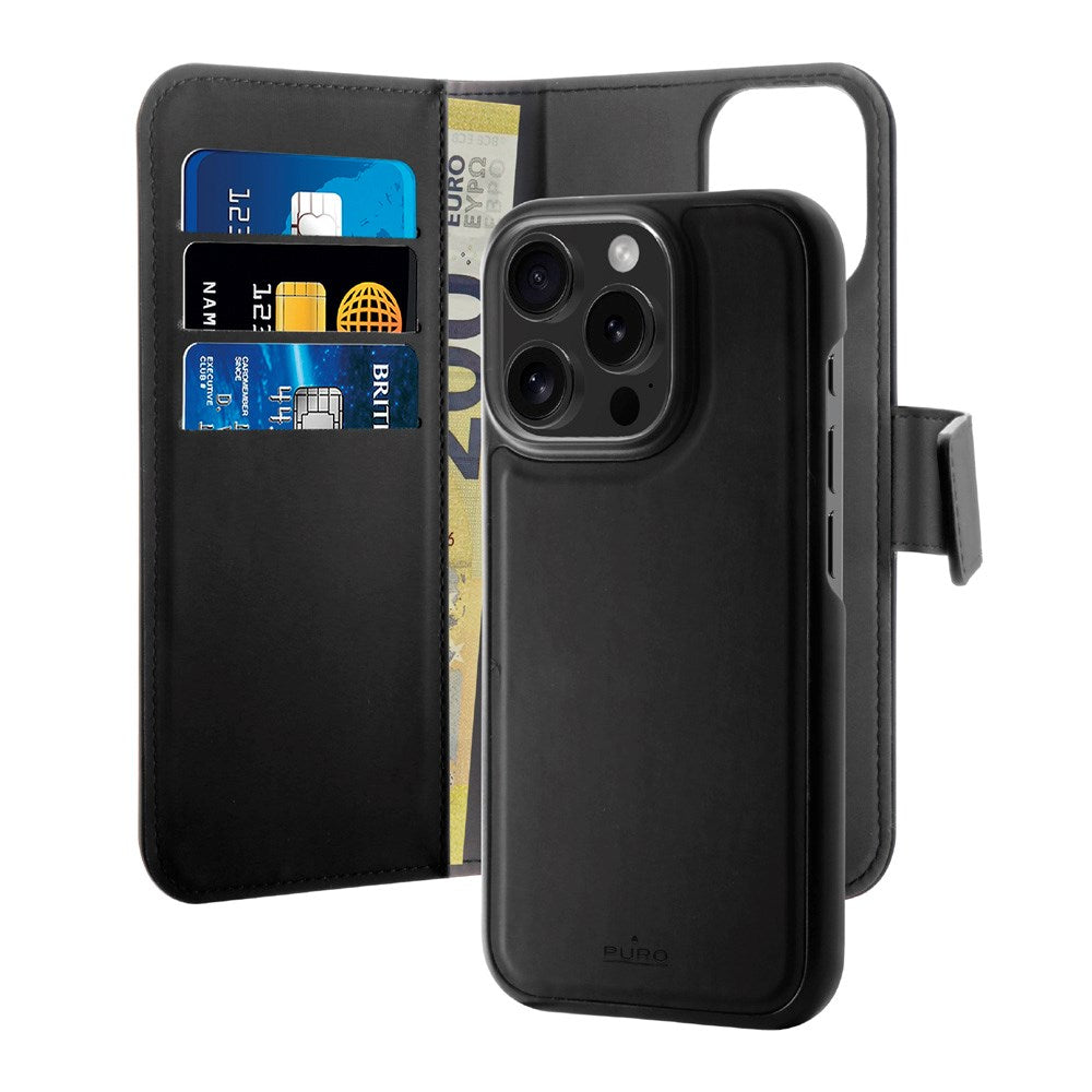 Flip-deksel i Eco-Leather med sedellomme og magnetisk lukking for iPhone 16 Pro Max - Svart