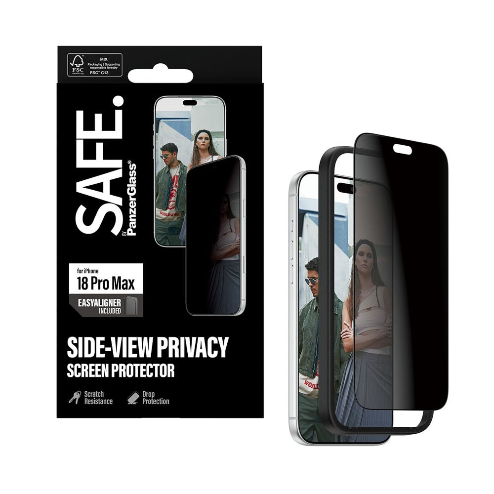iPhone 18 Pro Max - SAFE by PanzerGlass Ultra-Wide Fit m. EasyAligner - Skærmbeskyttelse - Privacy - Gennemsigtig