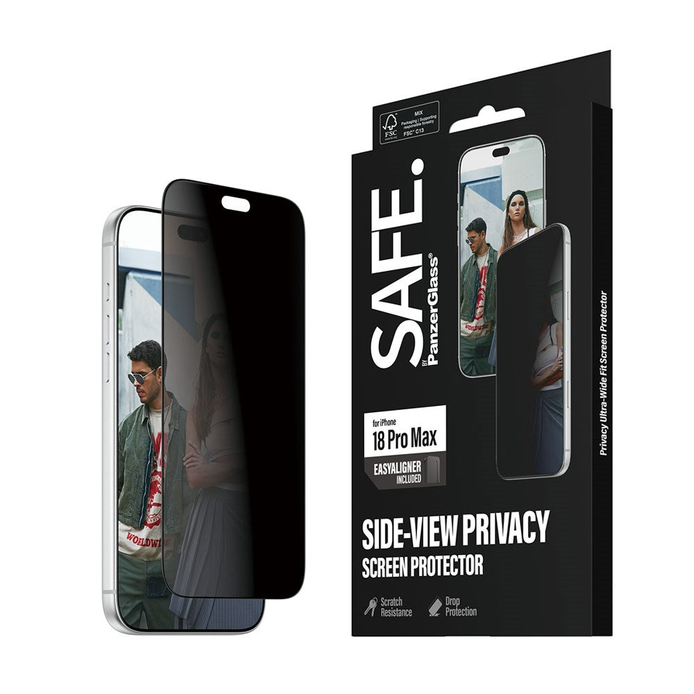 iPhone 18 Pro Max - SAFE by PanzerGlass Ultra-Wide Fit m. EasyAligner - Skærmbeskyttelse - Privacy - Gennemsigtig