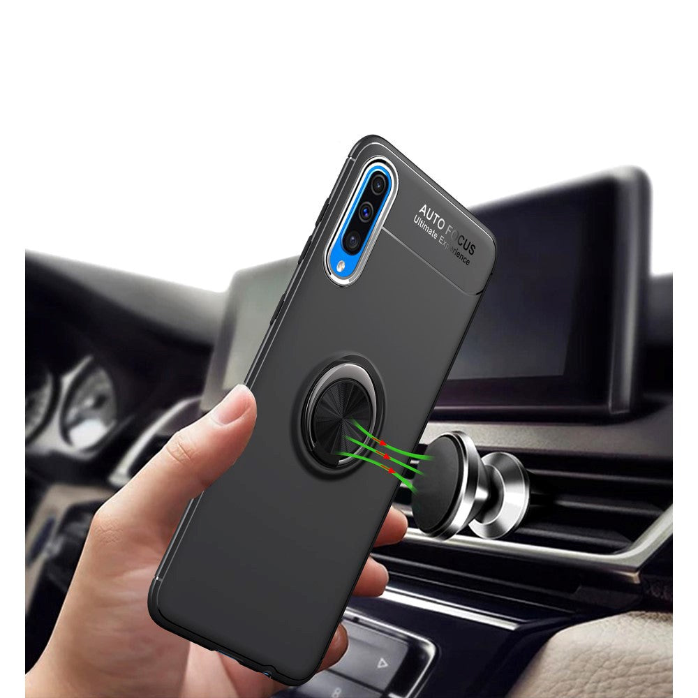 Samsung Galaxy A70 LENUO fleksibelt plastdeksel m. Ringholder - Svart / Rose gull