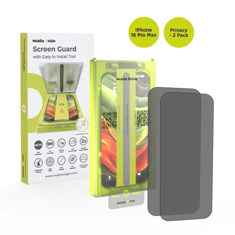 Mobile Origin iPhone 18 Pro Max Screen Guard Privacy Skærmbeskyttelsesglas inkl. Easy Applicator - 2 Stk. - Gennemsigtig