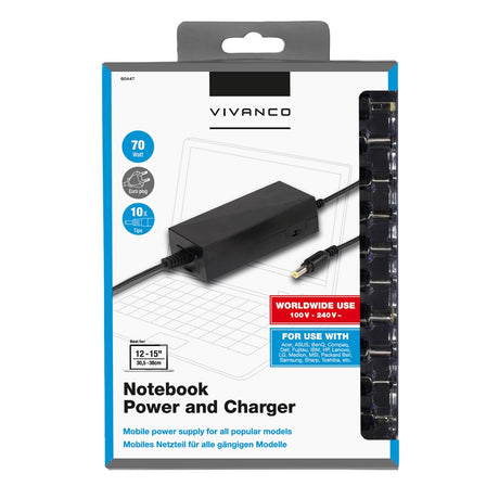Vivanco Laptop Oplader 70W - inkl. 10 x Adaptere - Sort